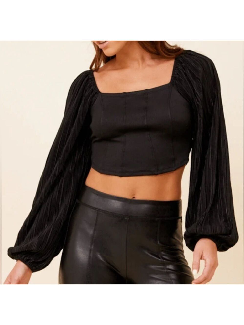 Vintage Havana-BLACK CORSET BALLOON SLEEVE TOP-size Small-NWT-Retail $70